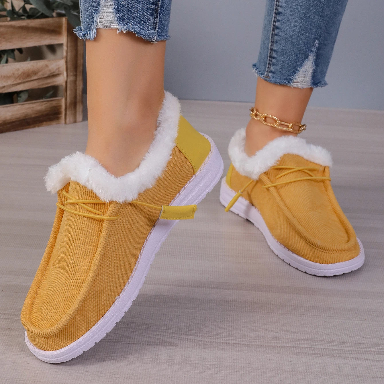 Maxy Winter Plush Loafers Women Ankle Shoes Slip-on Round Toe Flat Faux Suede Sewing Leisure Mature Casual Daily-wear Lace Plus Size