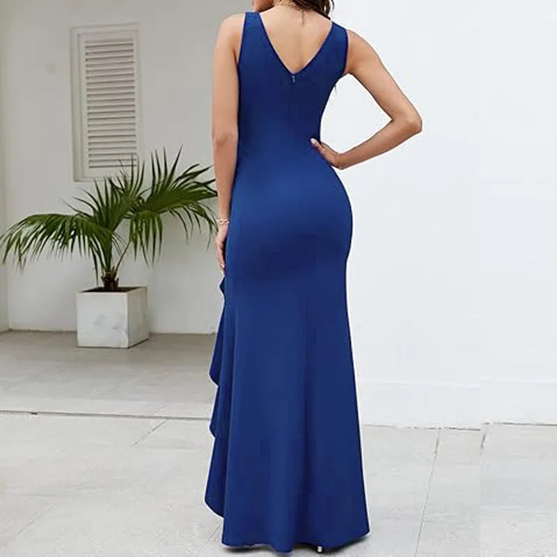 Maxy Elegant V-Neck Party Maxy Dress Women Fashion Sleeveless Ruffle Split Gown Prom Dress Ladies Slim Fit Tie Up Bodycon Gala Dress