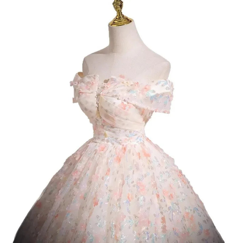 Maxy Shoulder Tied Host Long Skirt, One Shoulder Vocal Piano Art Exam, Fluffy Skirt, Pink Adult Ceremony Graduation Evening Gown
