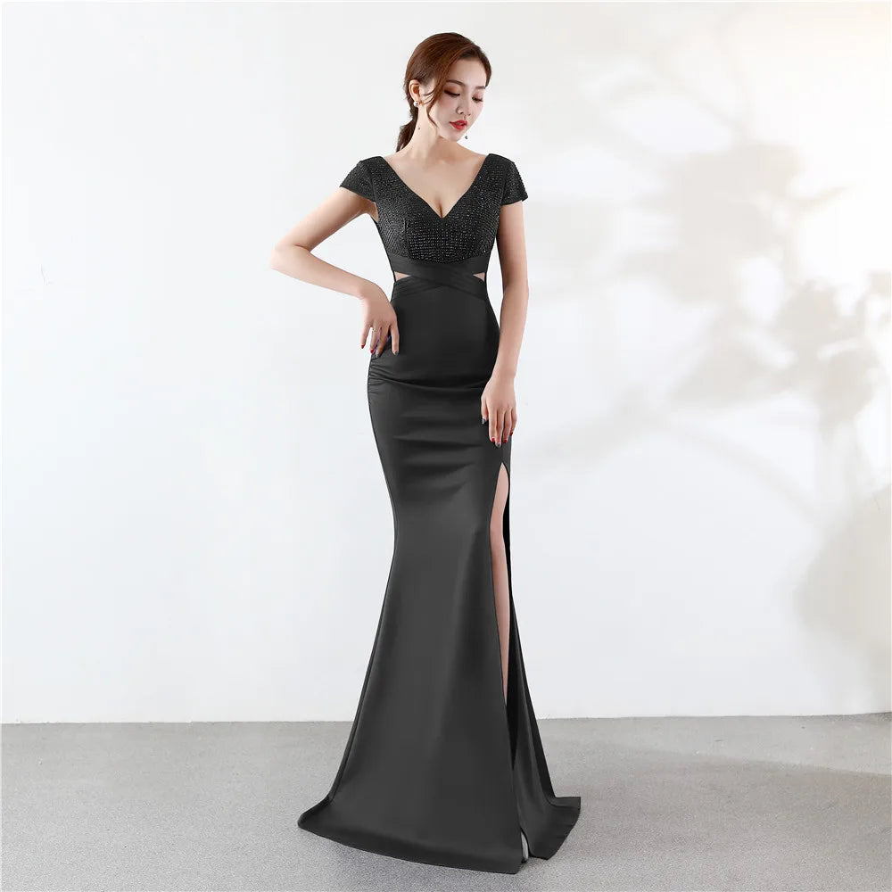 Maxy Customized Cap Sleeve V Neck Cross Waist Side Slit Backless Dress Cocktail Party Evening Gowns For Women