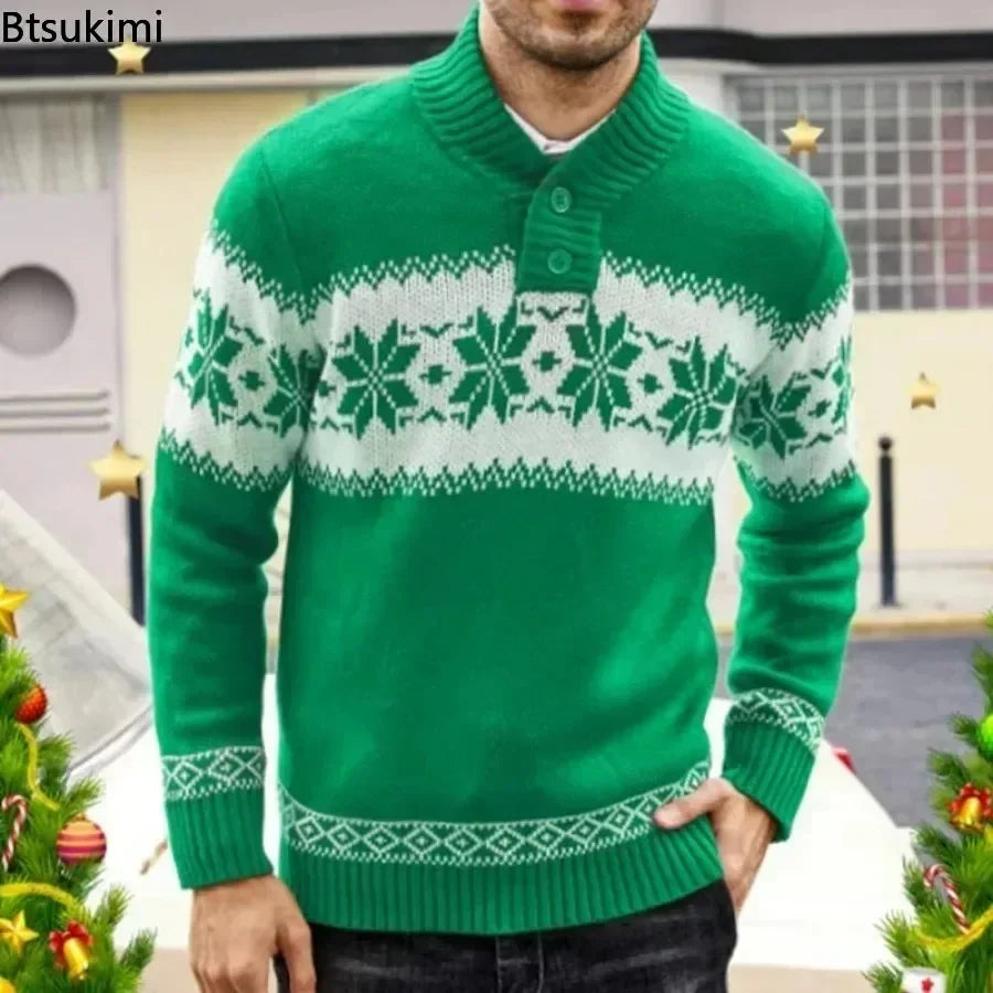 Maxy  Autumn Winter Men's Snowflake Christmas Sweater Knitted Sweater V-Neck Casual Knit Jumpers Pullovers Home Warm Outwear Male