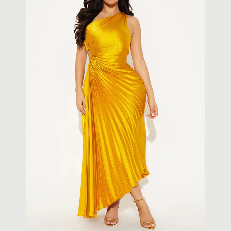 Maxy Spring Evening Banquet Elegant Hip-Hugging Off-One-Shoulder Round Cutout Pleated Women's Fashion Dress