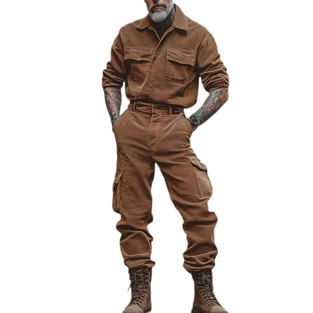 Mens Solid Color Ah Mei Khaki Workwear Clothing Autumn And Winter Fashion Trend Leisure Suit Long-Sleeved Jumpsuit Trousers Men