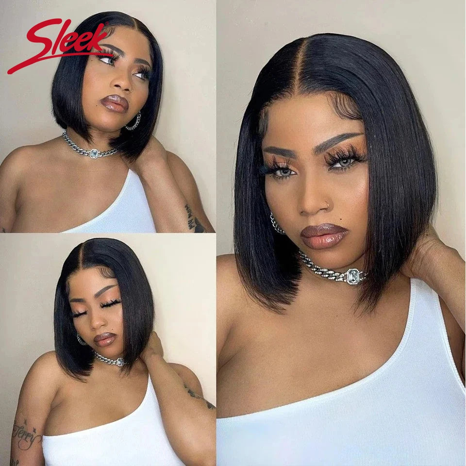 Babs Sleek Remy Brazilian Straight Lace Bob Wigs Short Lace Part Human Hair Wigs 200% Density Cheap Nature Black Dark Human Hair Wigs