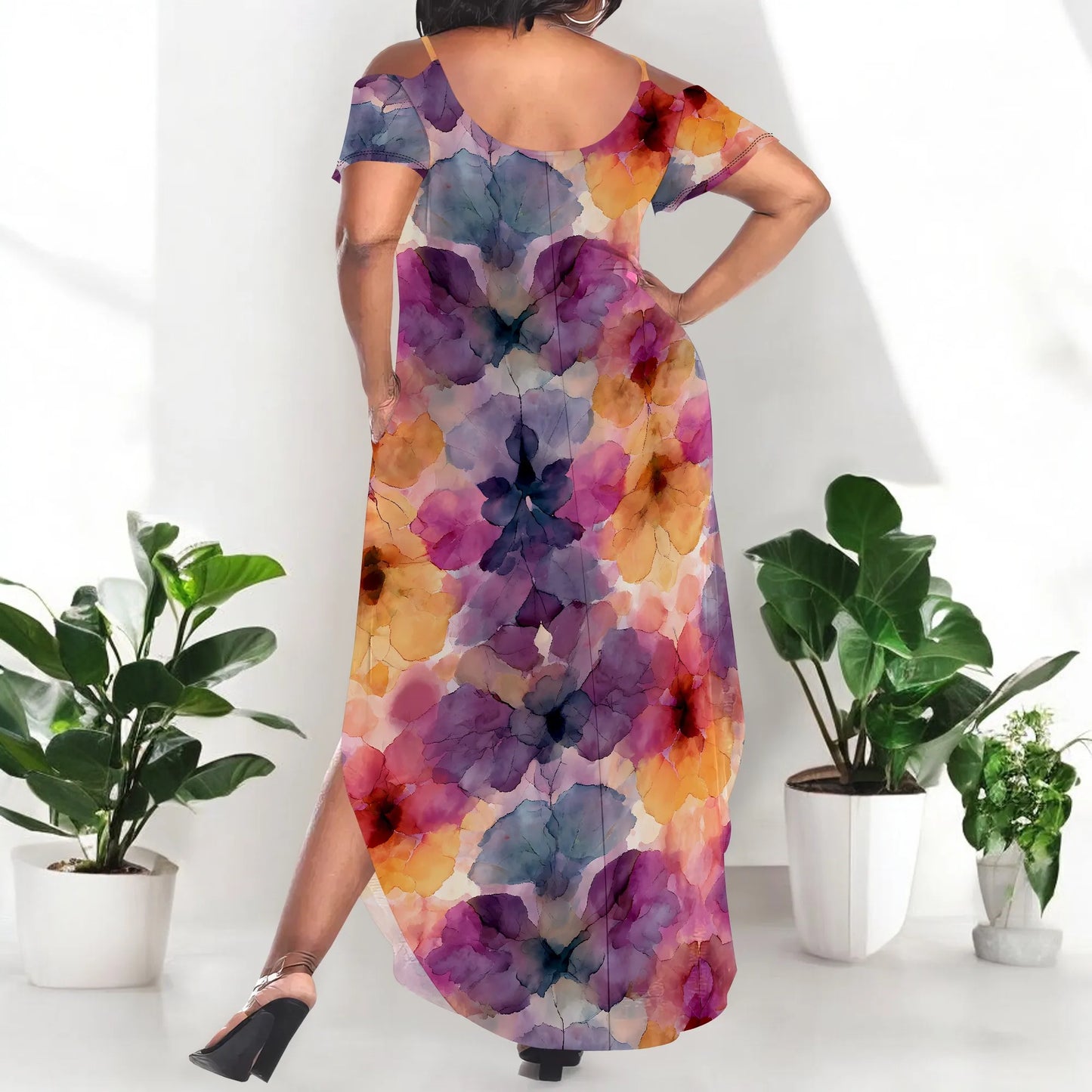 Maxy Plus Size Watercolor Tie Dye Dress Off Shoulder Loose Casual Summer Beach Sundress