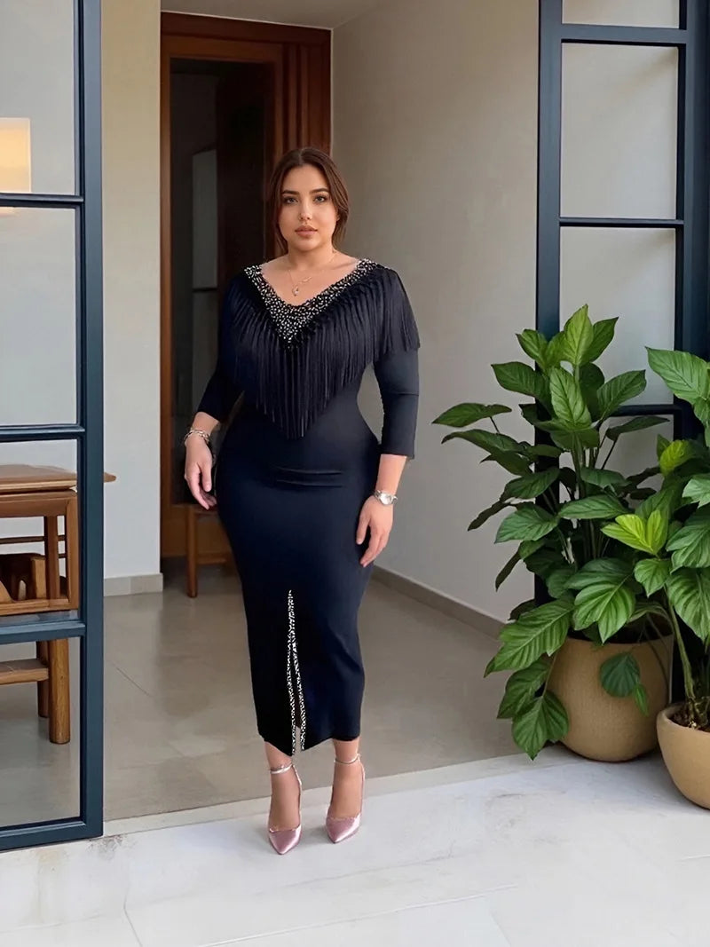 Amay Dresses for Women Luxury Plus Size Tassel Diamonds Bodycon Evening Dress Elegant Kaftan Dashiki Ankara Clothing