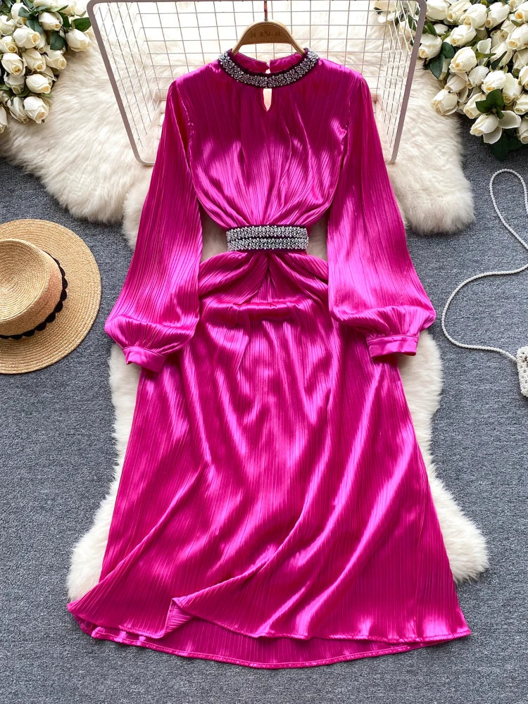 Maxy New Casual Spring Autumn Solid Slim Full Lady Dress A Line O Neck Chiffon Pullover Mid-Calf Women Dresses
