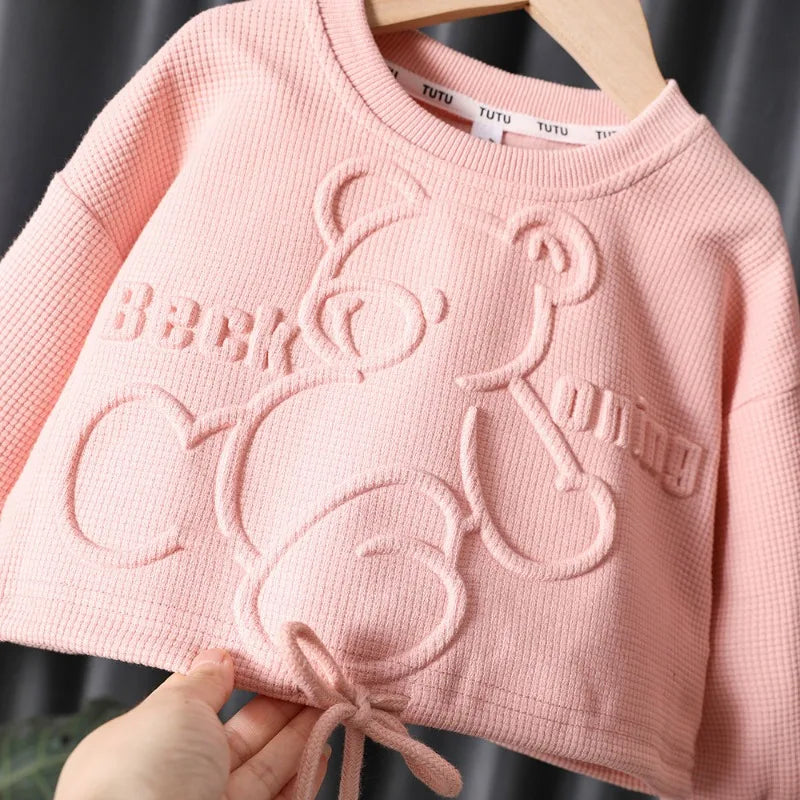 Maxy 2024 Autumn and Winter Baby Girl Clothes Cute Cartoon Bear Sports Suit Sweater + Trousers Two-piece Set Toddler Outerwear Suit