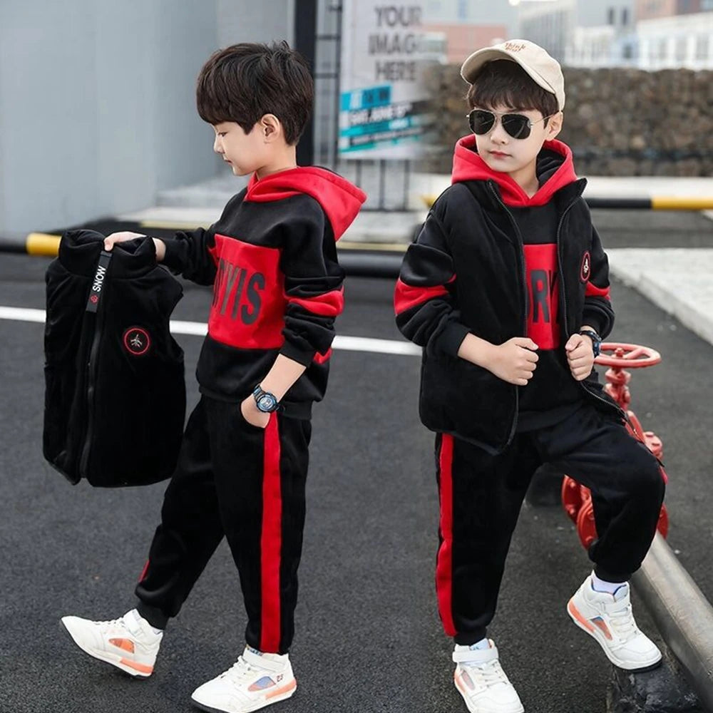 Maxy New Winter Boys Tracksuit Autumn Toddler Teenager Clothes Vest Velvet Jacket + Sweatishrt Hooded + Pant Children Kids 4 12 Year