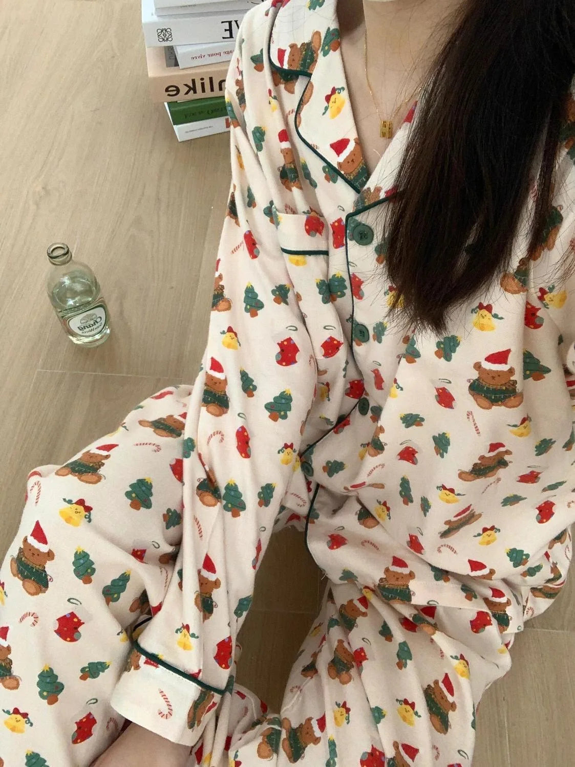 Christmas PJ Set Women Autumn Female Homewear Long Sleeves Button Sleepwear Pajamas Pants Pajama Sets Kawaii Y2K Girls Nightwear