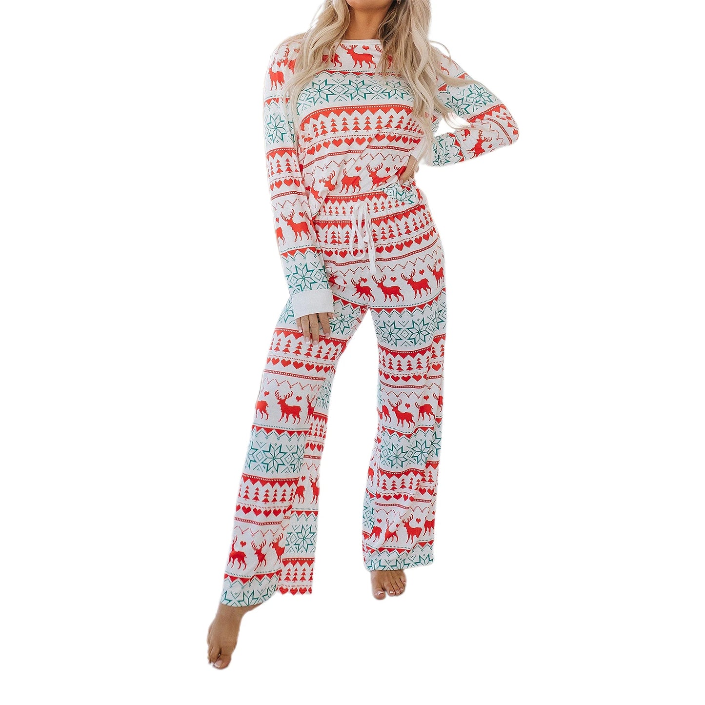 Women s Christmas Pajama Set Reindeer Print Round Neck Long Sleeve Tops Drawstring Long Pants