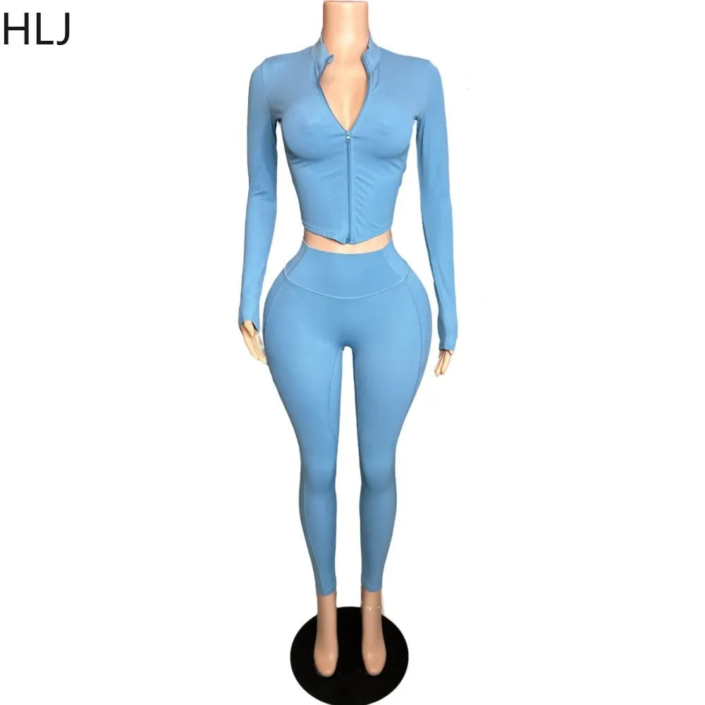 HLJ Quality Casual Sporty Two Piece Sets Women Zipper Long Sleeve Slim Top And Legging Pants Tracksuits Female Stretchy Outfits