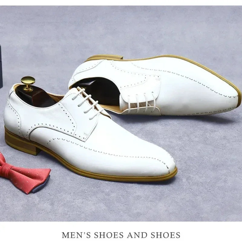 Visco Newest Lace-up Business Office Formal Shoes Genuine Leather Italian Men Shoes White Wedding Dress Oxford Shoes