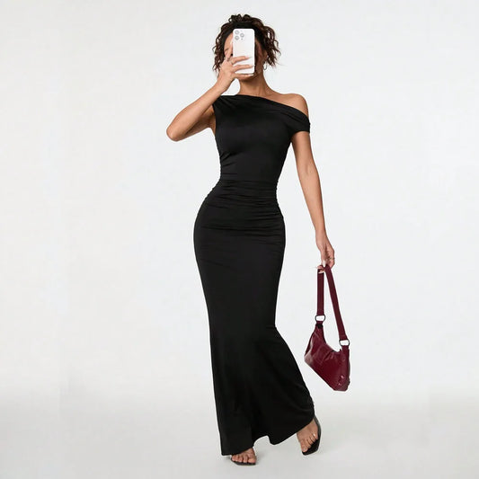 Maxy Elegant Black One Shoulder Mermaid Evening Gown Ruched Bodycon Floor Length Formal Party Dresses for Women Wedding Prom Cocktail