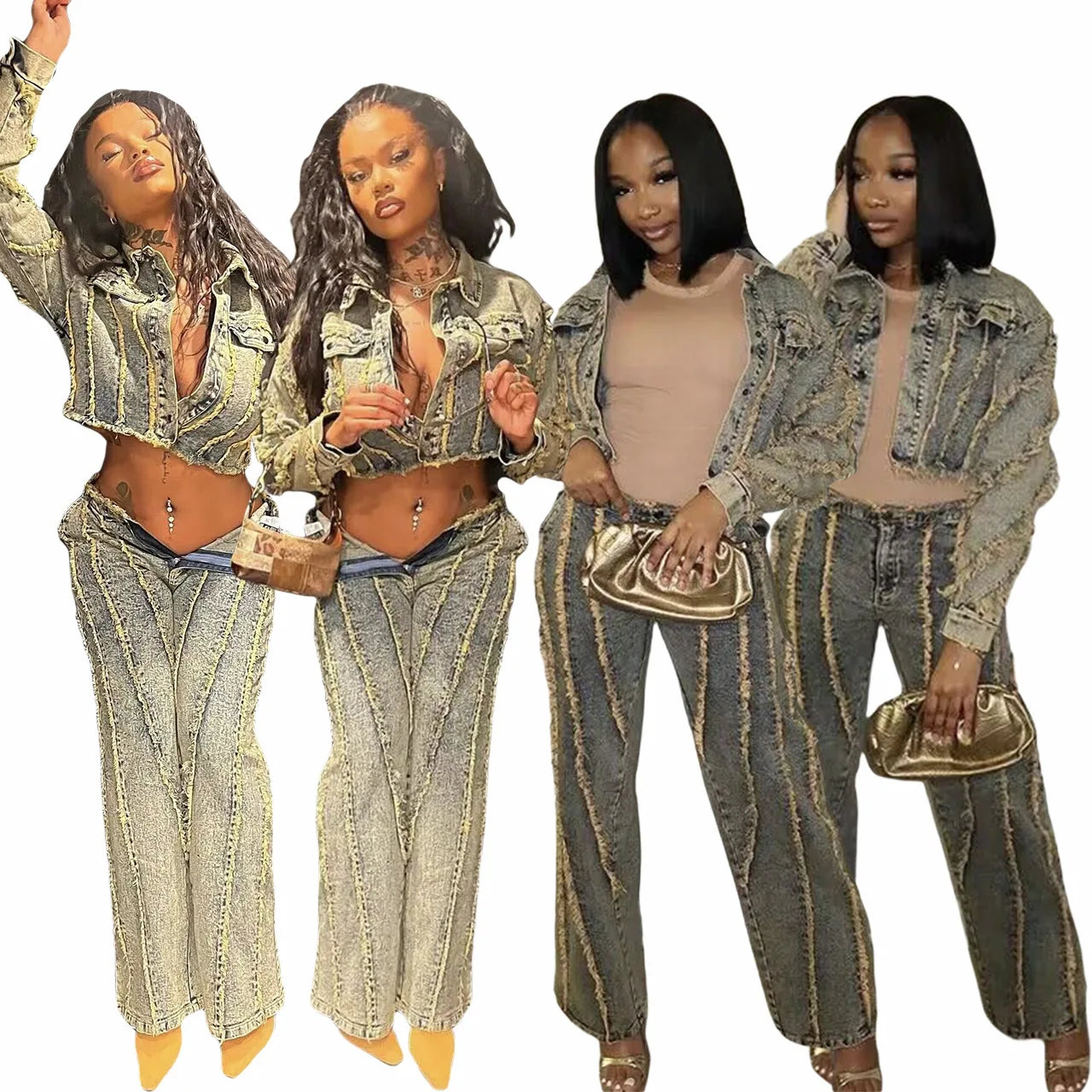 Maxy Two-Piece Denim Sets for Women Crop Jackets Ladies Y2K Streetwear Denim Coats Jeans Winter Outfits Two Piece Pant Sets