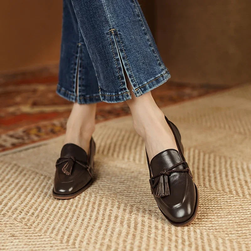 Maxy Spring Genuine Leather Women Shoes Casual Slip-On Loafers Comfortable Simple  Square Toe  Woman