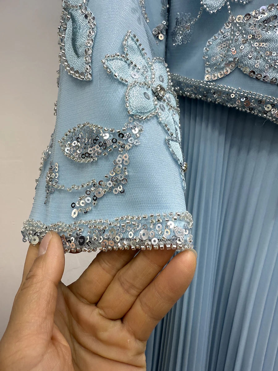 Maxy Luxury Two Piece Set for Women O Neck Short Cardigan Spliced Embroidery Scarf Collar Maxy Dress Office Lady Suit Female New