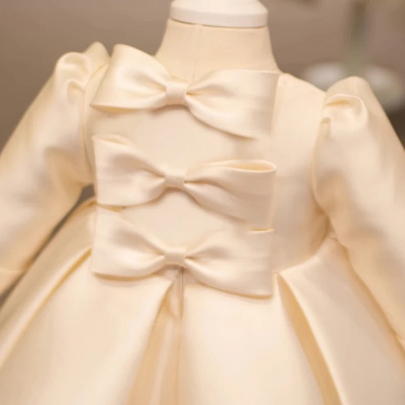 Maxy Newborn Girl Princess Bow Button Dress Long Sleeve Infant Toddler Child Vestido Wedding Party Birthday Baby Clothes 12M-10Y