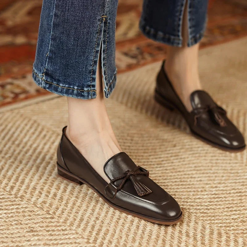 Maxy Spring Genuine Leather Women Shoes Casual Slip-On Loafers Comfortable Simple  Square Toe  Woman