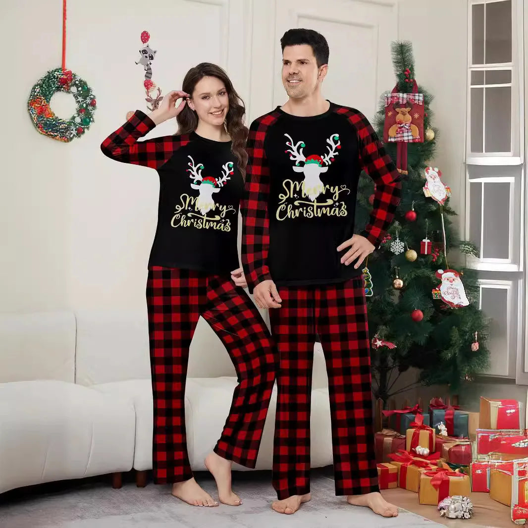 Maxy new autumn Christmas family suit, family pajamas set, round neck red and black check cute deer print long sleeve home suit