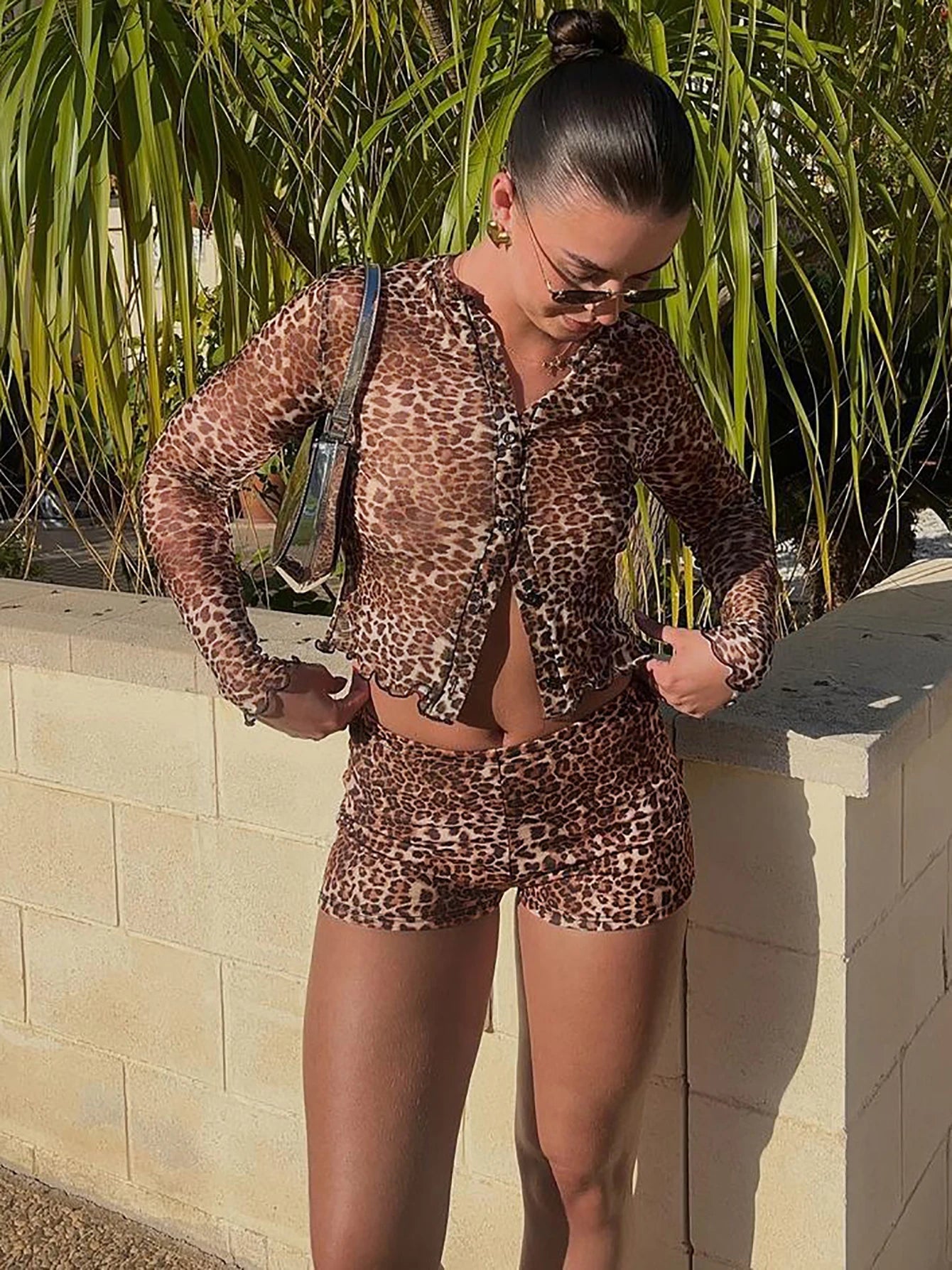 Maxy Hawthaw Women Spring Autumn Long Sleeve Leopard Crop Tops Shorts Pants Two Piece Sets Outfits Wholesale Items For Business