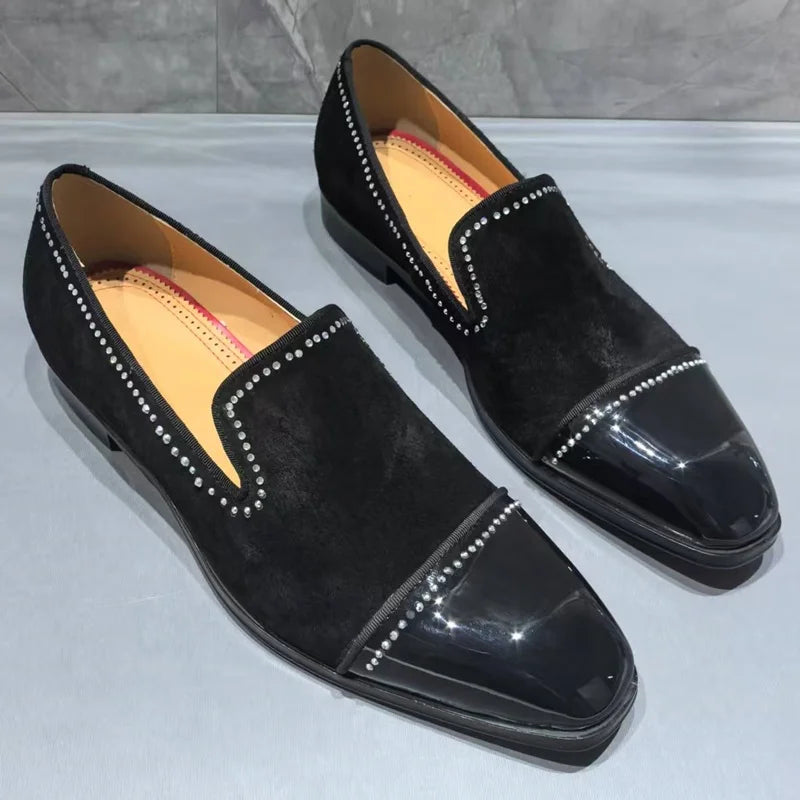 Visco High Quality Black Suede Loafers Man Rhinestone Shoes Fashion Leather Dress Shoes Men Slip On Party And Wedding Shoes