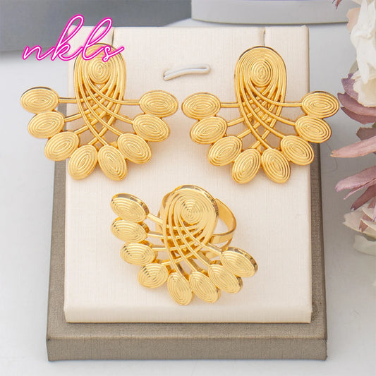 Maxy Gold Color Fashion Earrings and Ring Set Dubai Trend Jewelry Set for Women Luxury Bride Wedding Jewelry Daily Wear Party