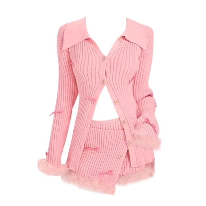 Maxy Cute Autumn Pink Knitted Suit Woman Kawaii Elegant Set Korea Fashion Clothing Woman Casual Sweater + Slim Bodycon Y2k Mini Skirt