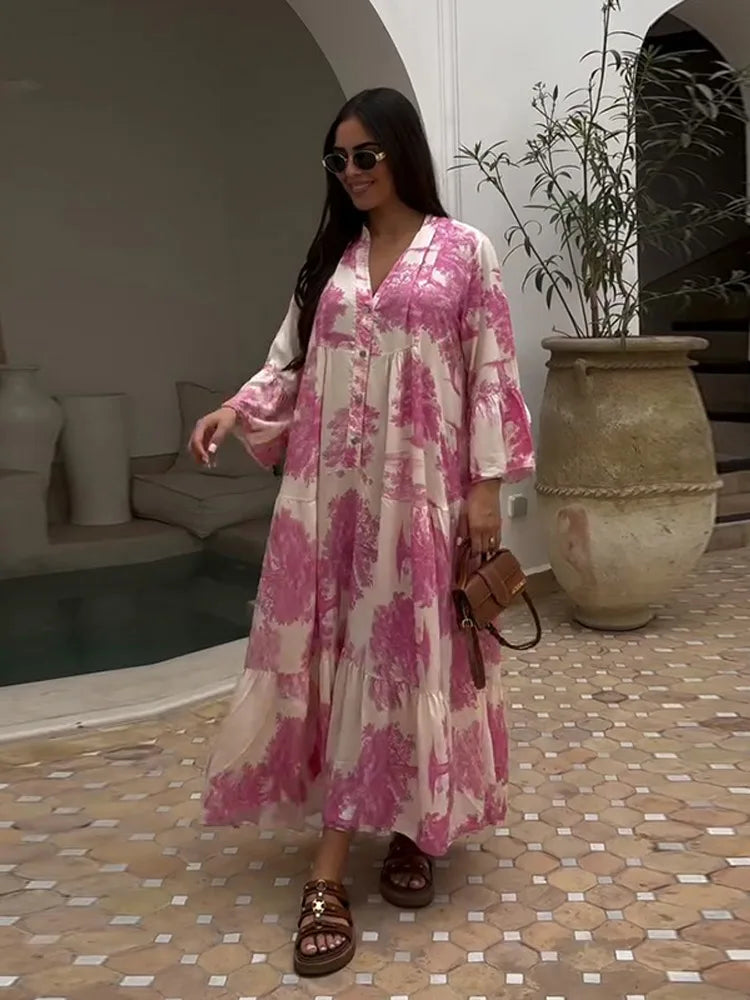Maxy Plus Size Floral Print Dress V-Neck Button Front Flared Sleeve Summer Beach Vacation Boho Long Dresses Outfit For Woman