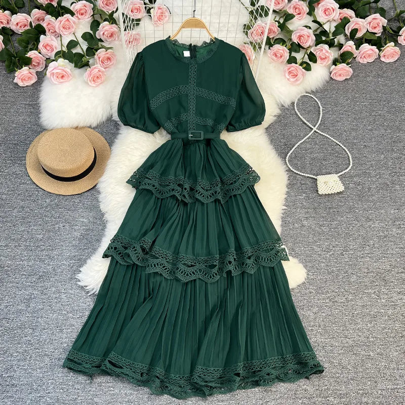 Maxy French dress Summer new high-waisted slimming bubble sleeve chiffon patchwork lace cake dress