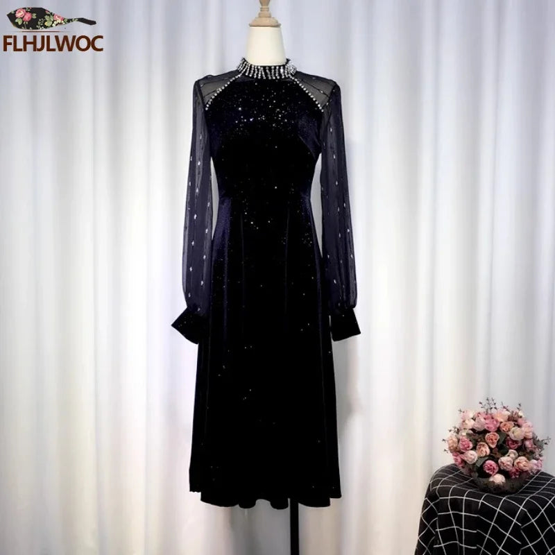 Maxy New Year Retro Vintage French Design Dresses Women Bead Bling Evening Party Elegant Annual Meeting Slim Black Velvet Dress Long