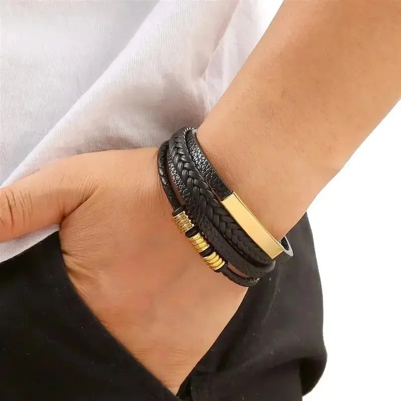 Maxy Multi Layers PU Leather Mens Magnut Closure Bracelet Waved Leather Gold Color Metal Tube Charm Fashion Mens Jewelry Hiphop
