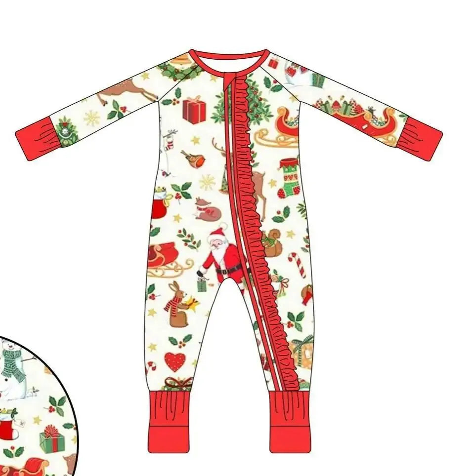 Maxy Boutique children's suit Christmas long-sleeved lace deer tree socks print girls dress boys' pajamas set baby zipper jumpsuit