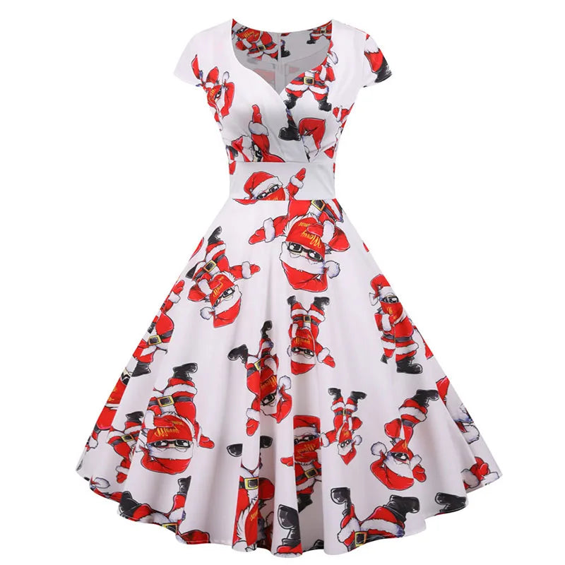 Women Christmas Party Dress  Short Sleeve V Neck Elegant Vintage Print Xmas New Year Prom Sundress  3XL Robe
