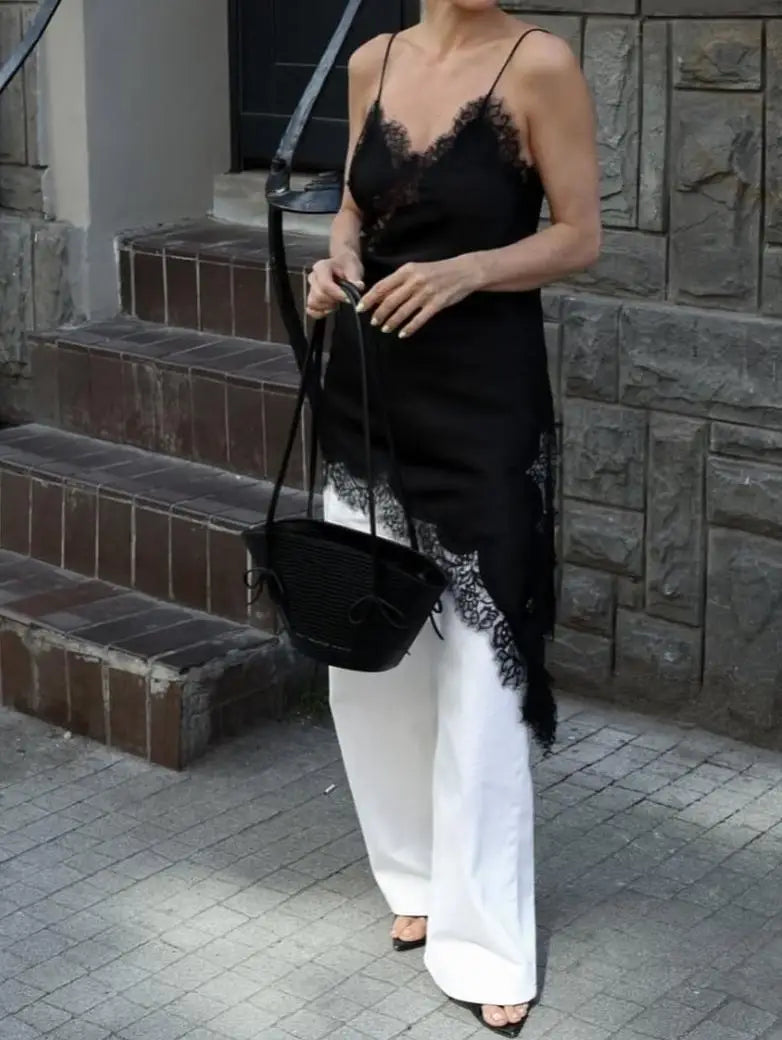 New Satin Lace Splicing Sling Dress Women Elegant Irregular Hem V Neck Backless Sleeveless Gown Chic Women Party Club Vestido