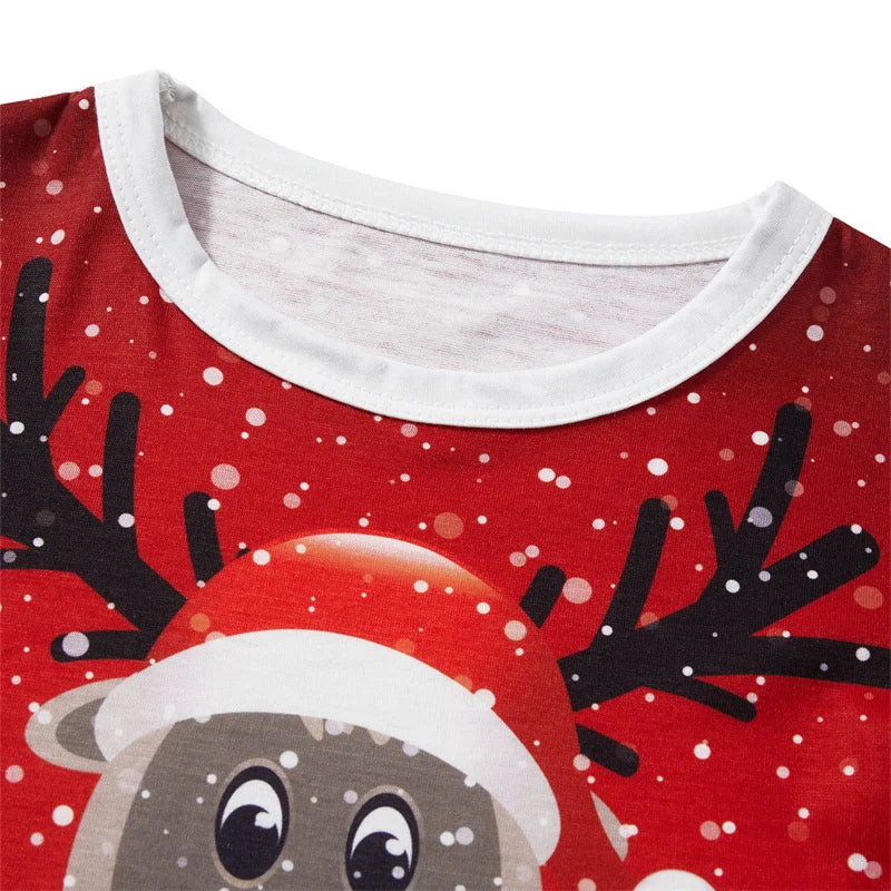 Matching Family Christmas Pajamas, Long Sleeve Deer Snowflake Print Pullover + Pants Set