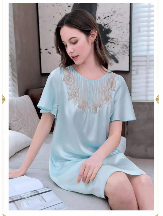 Maxy 100% Mulberry Silk Short Sleeve Nightgowns Women Loose Elegant Nightdress Nightwear Room Wear One Piece Ladies Summer Sleepwear