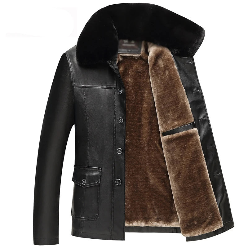 Maxy Idopy Men`s Winter Faux Leather Jacket Fleece Lined Plus Size M-4XL Warm Thicken Long Casual PU Jacket and Coat Fur Collar