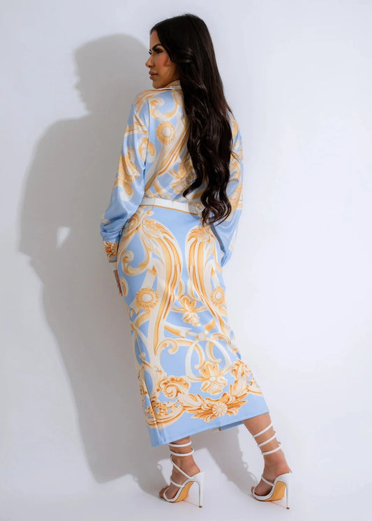 Maxy Elegant Ladies New Midi Skirt Set Women Dress Fashion Print Long Sleeve Shirt Blouses Skirt Holiday Commuting Two Piece Suit