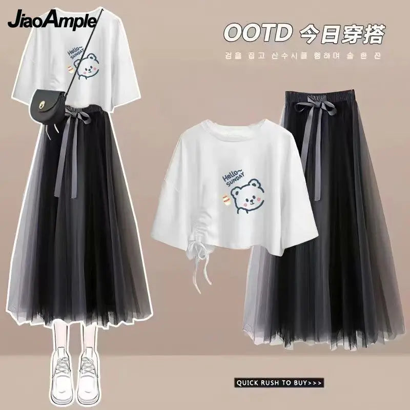 Maxy Summer New Korean Elegant Cute Short Sleeved T-shirt+Mesh Midi Skirt Two Piece Suit Women's Loose Top Dress Matching Set