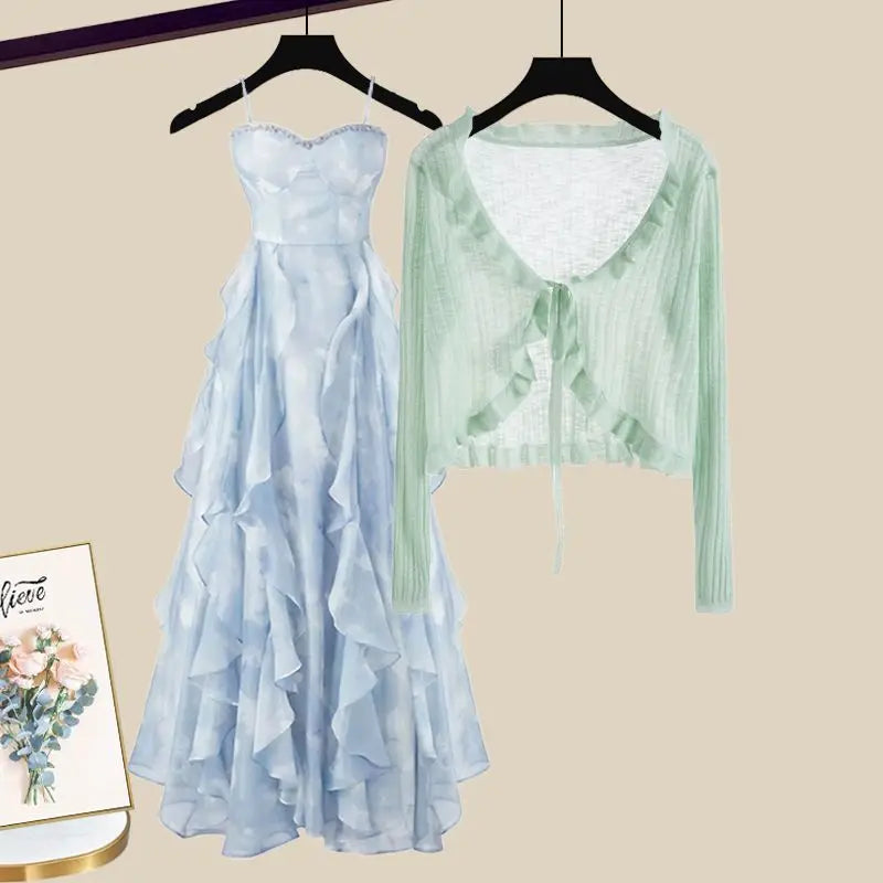 Maxy Summer Sun Protection Ice Silk Chiffon Shirt Ruffle Suspender Dress Two-piece Set Elegant Women's Dress Set Party Dress