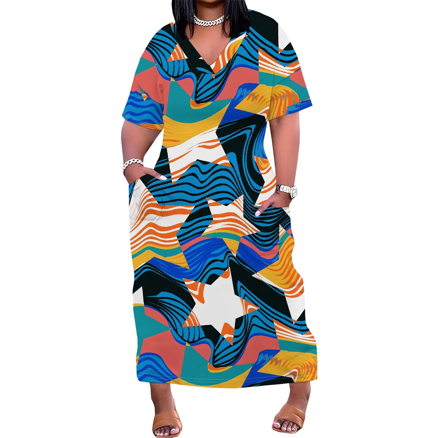 Maxy Plus Size Women Dress with Pockets, Short Sleeve Loose and Comfortable Long Dress for Beach, Party, Work, Spring