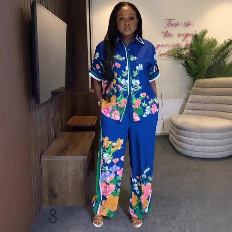Amay Fashion Women Summer Two Piece Set Vintage Flower Printed Short Sleeve Shirt And Wide Leg Pants Set