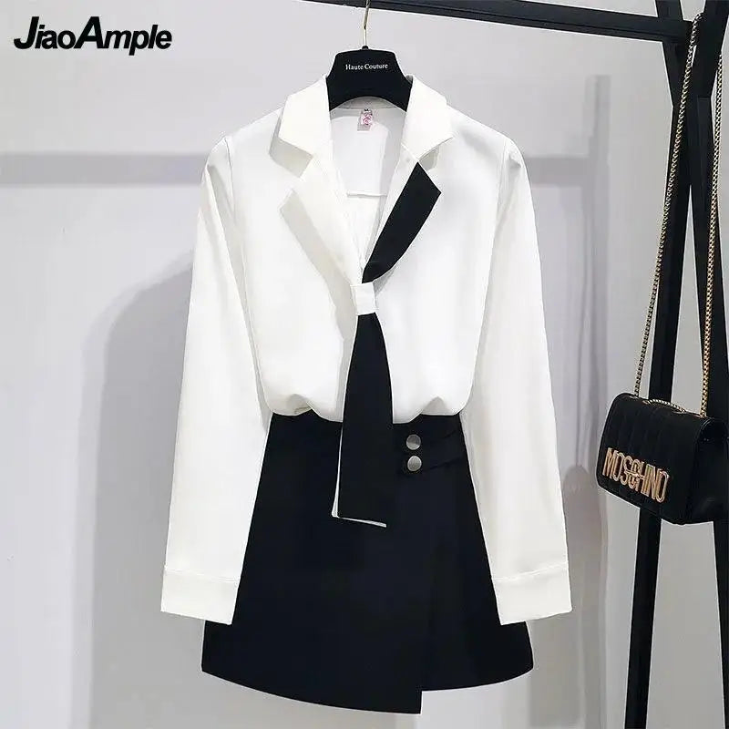 Amay Girl White Shirt Top Midi Skirt Two-piece Women's Professional Suit Korean Fashion Elegant Blouse Dress Set Female Clothes