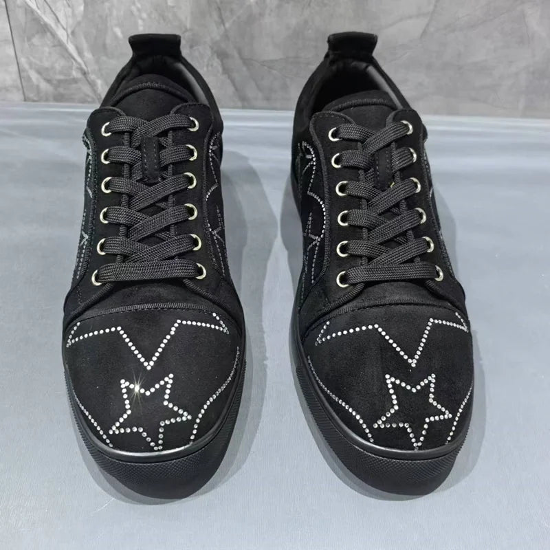 Visco Luxury Man Black Shoes Fashion White Rhinestones Sneakers Men Casual Shoes Low-top Leisure Sneaker Shoes