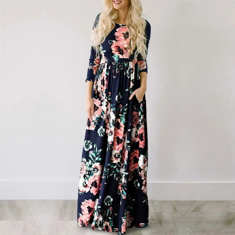 Maxy Women Summer Long Dress Floral Print Boho Beach Dress Ladies White Maxi Evening Party Dress Sundress