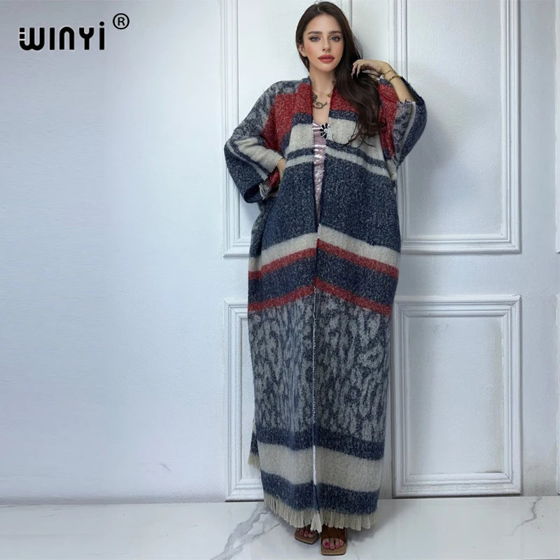 Maxy WINYI Winter African cardigan leopard print abaya outfits for women Fringed coat Open Front Kimono long down party maxi dress