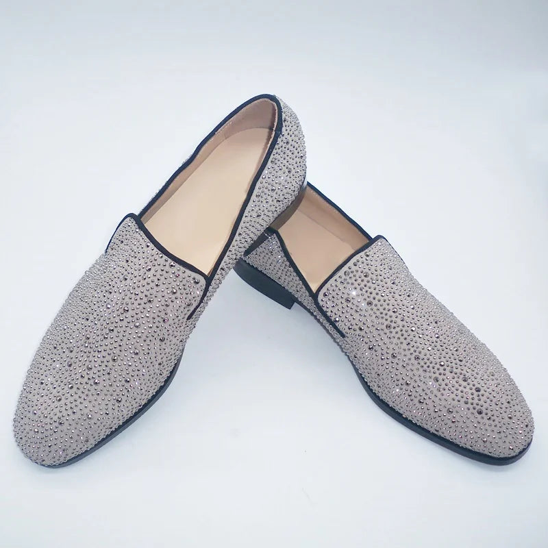 Visco Silver Rhinestone Loafers For Men Luxury Fashion Mens Leather Dress Shoes Handmade Slip On Casual Shoes