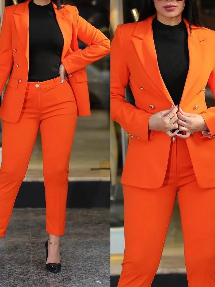 Maxy Elegant Office Lady Two Piece Sets New Autumn Winter Women Fashion Notched Neck Long Sleeve Blazer & High Waist Work Pants Suit