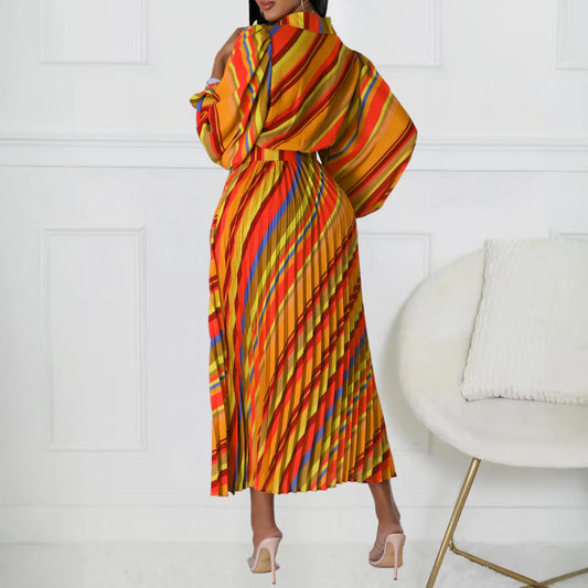 Women Printed Dress Pleated V Neck Long Lantern Sleeves Midi Length Female Gowns Elegant Modest African Office Ladies Work Wear